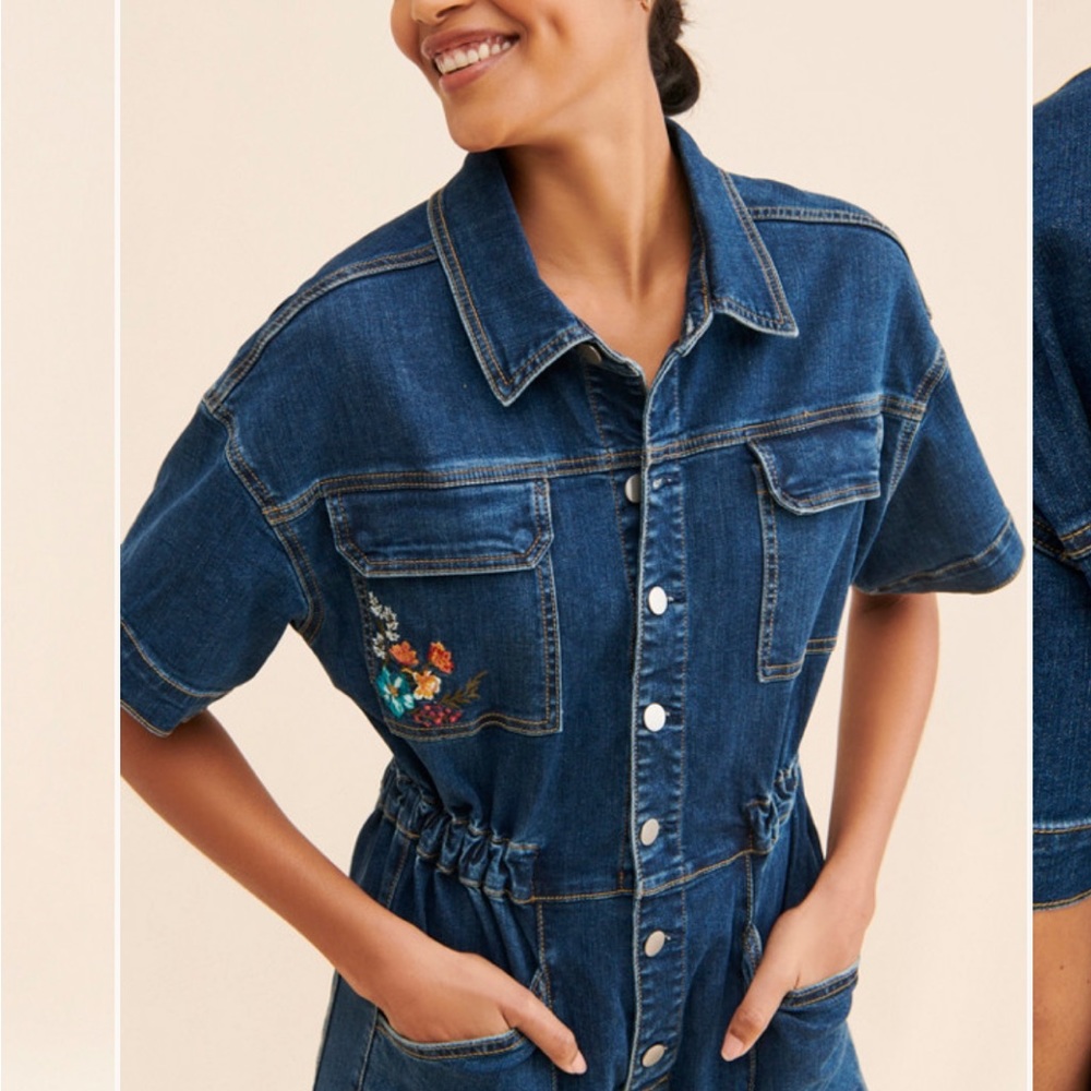 Embroidered Coveralls - Denim with Flower Detail